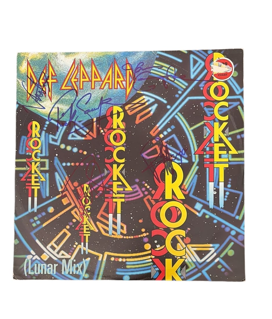 Def Leppard Signed 12" Vinyl: This lot is a 12" vinyl (Rocket), autographed on the front of the vinyl cover by Rick Allen, Rick Savage, Phil Collen, Vivian Campbell and Joe Elliott of Def Leppard. Item comes with third-party authe