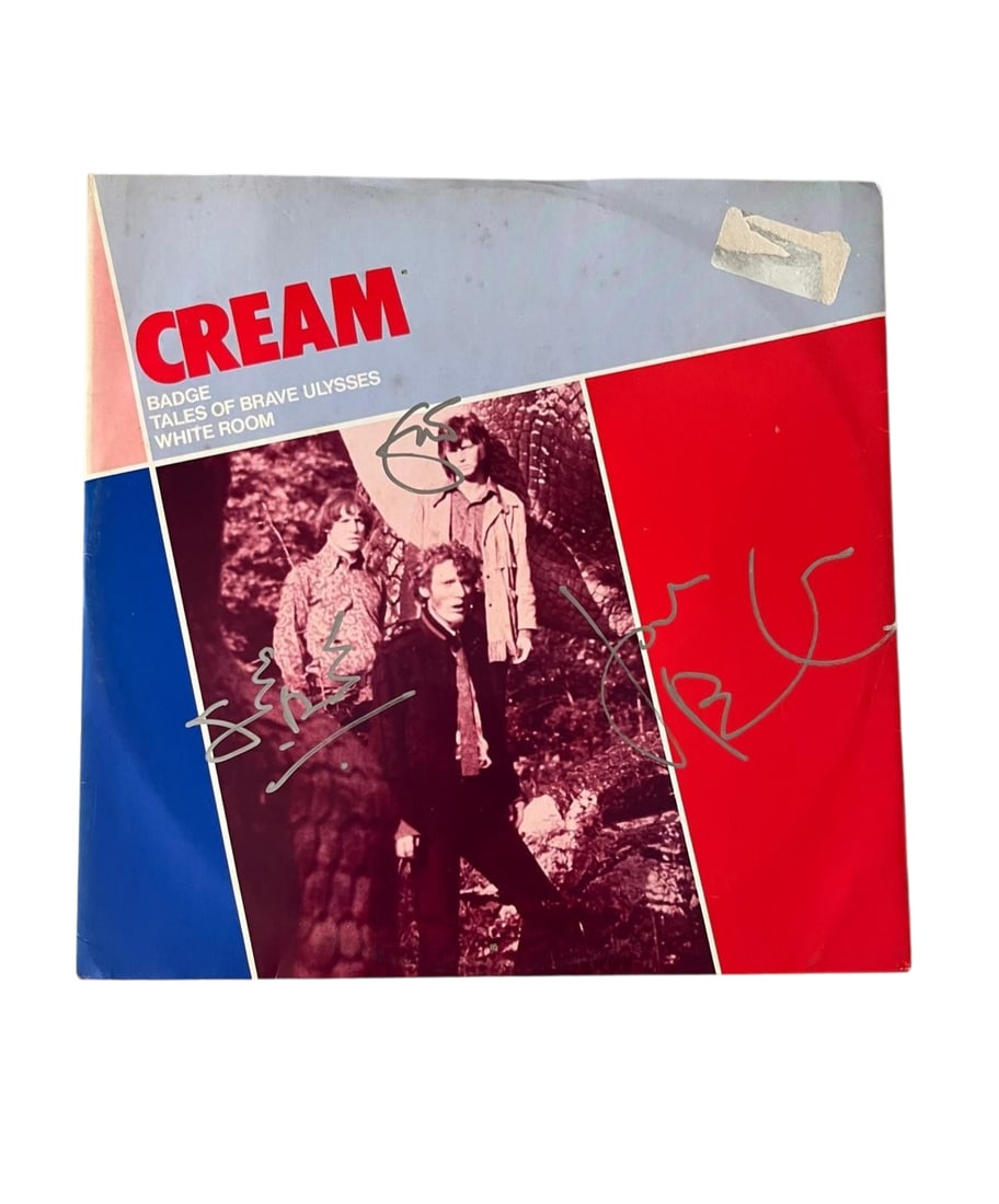 Cream Signed 12" Vinyl: This lot is a 12" vinyl (Badge - Tales Of Brave Ulysses - White Room), autographed on the front of the vinyl sleeve by Eric Clapton, Jack Bruce and Ginger Baker of Cream. Item comes with third-party a