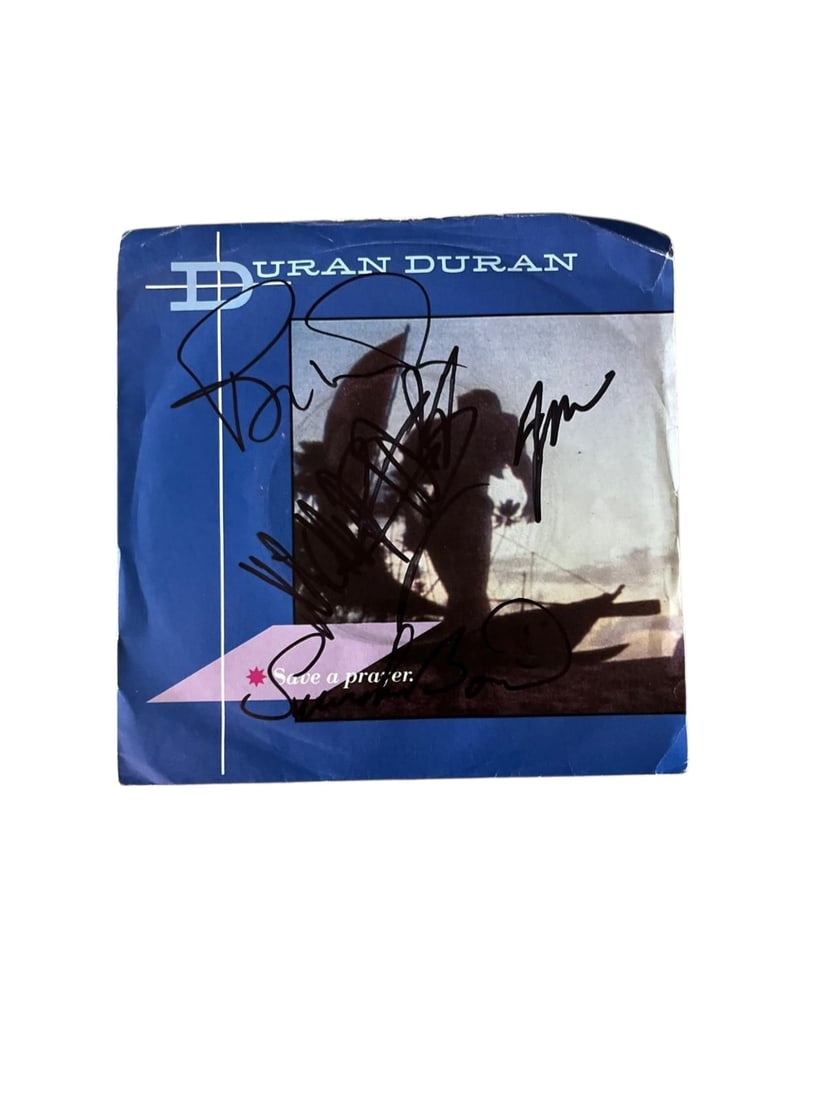 Duran Duran Signed 7" Vinyl: This lot is a 7" vinyl (Save A Prayer), autographed on the front of the vinyl cover by Nick Rhodes, John Taylor, Roger Taylor and Simon Le Bon of Duran Duran. Item comes with third-party authenticatio
