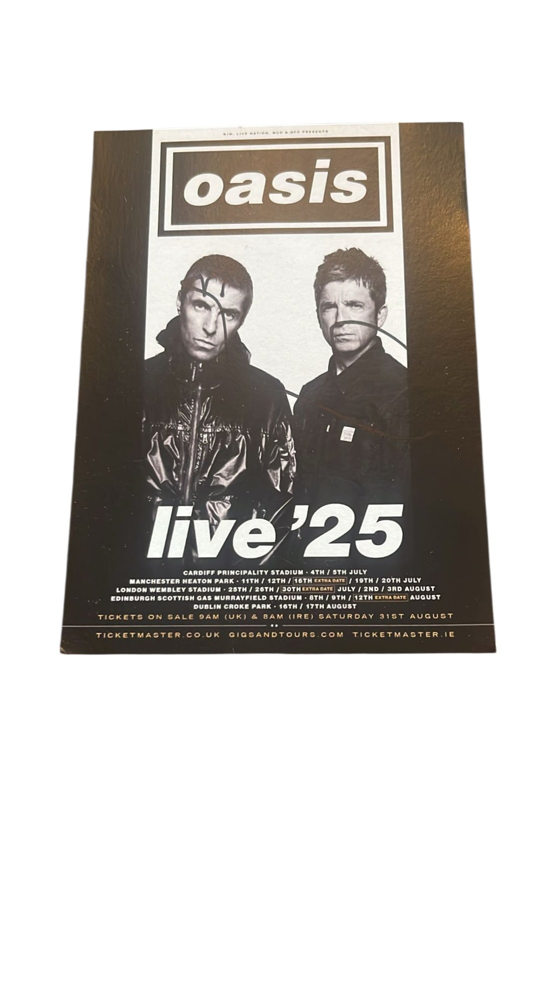 Oasis Noel Gallagher Signed Postcard Flyer: This lot is a postcard flyer (Live '25), autographed by Noel Gallagher of Oasis. Item comes with third-party authentication and affixed tamper-proof holographic QR sticker leading to item details and