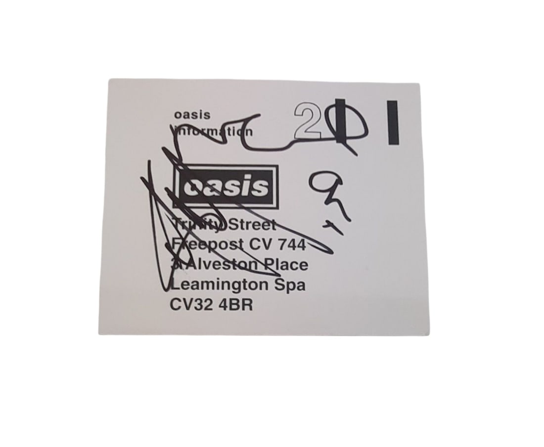 Oasis Signed Information Postcard: This lot is an Oasis information postcard, autographed on the front by Noel Gallagher and Liam Gallagher and on the reverse of the card by Bonehead and Guigsy of Oasis. Item comes with third-party aut
