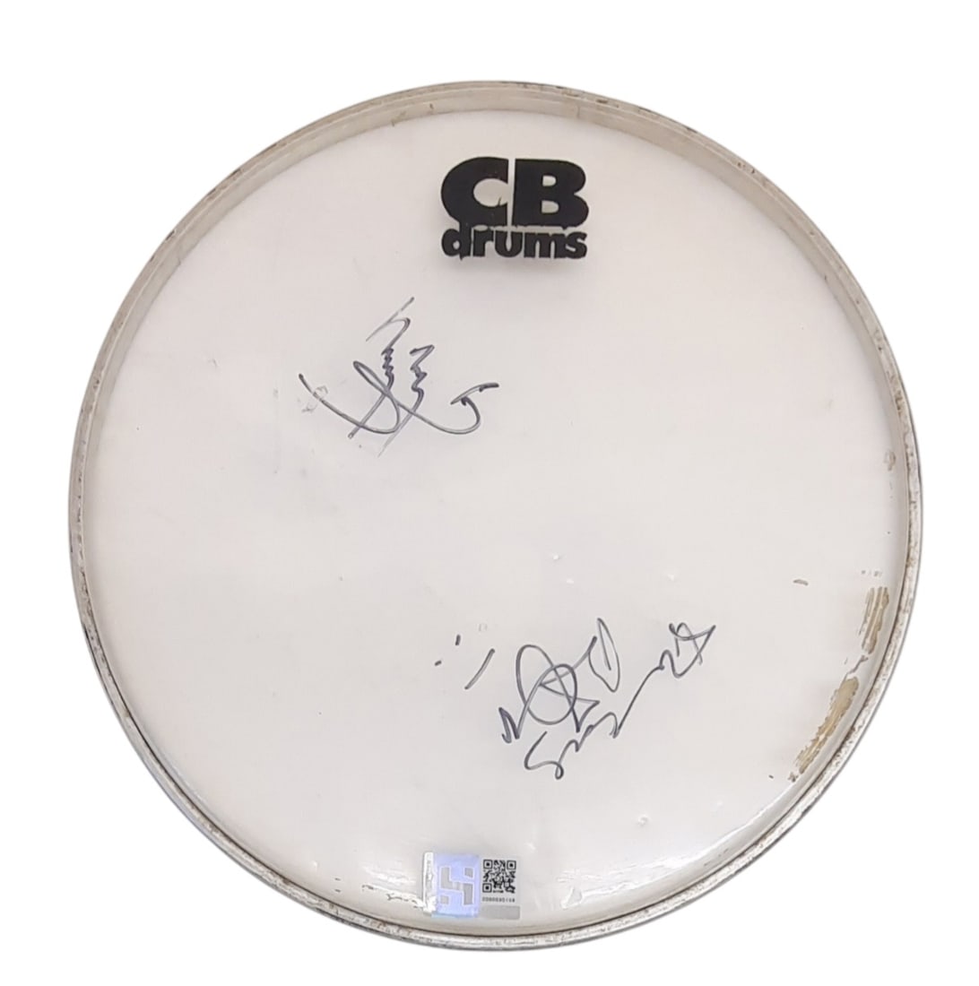 Led Zeppelin Signed Drumskin: This lot is a 10.5" CB Drums drumskin, autographed by Robert Plant and Jimmy Page of Led Zeppelin. Item comes with third-party authentication and affixed tamper-proof holographic QR sticker leading to