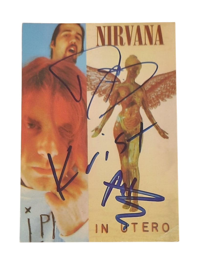 Nirvana Signed Postcard: This lot is a postcard, autographed by Dave Grohl, Krist Novoselic and Pat Smear of Nirvana. Item comes with third-party authentication and affixed tamper-proof holographic QR sticker leading to item