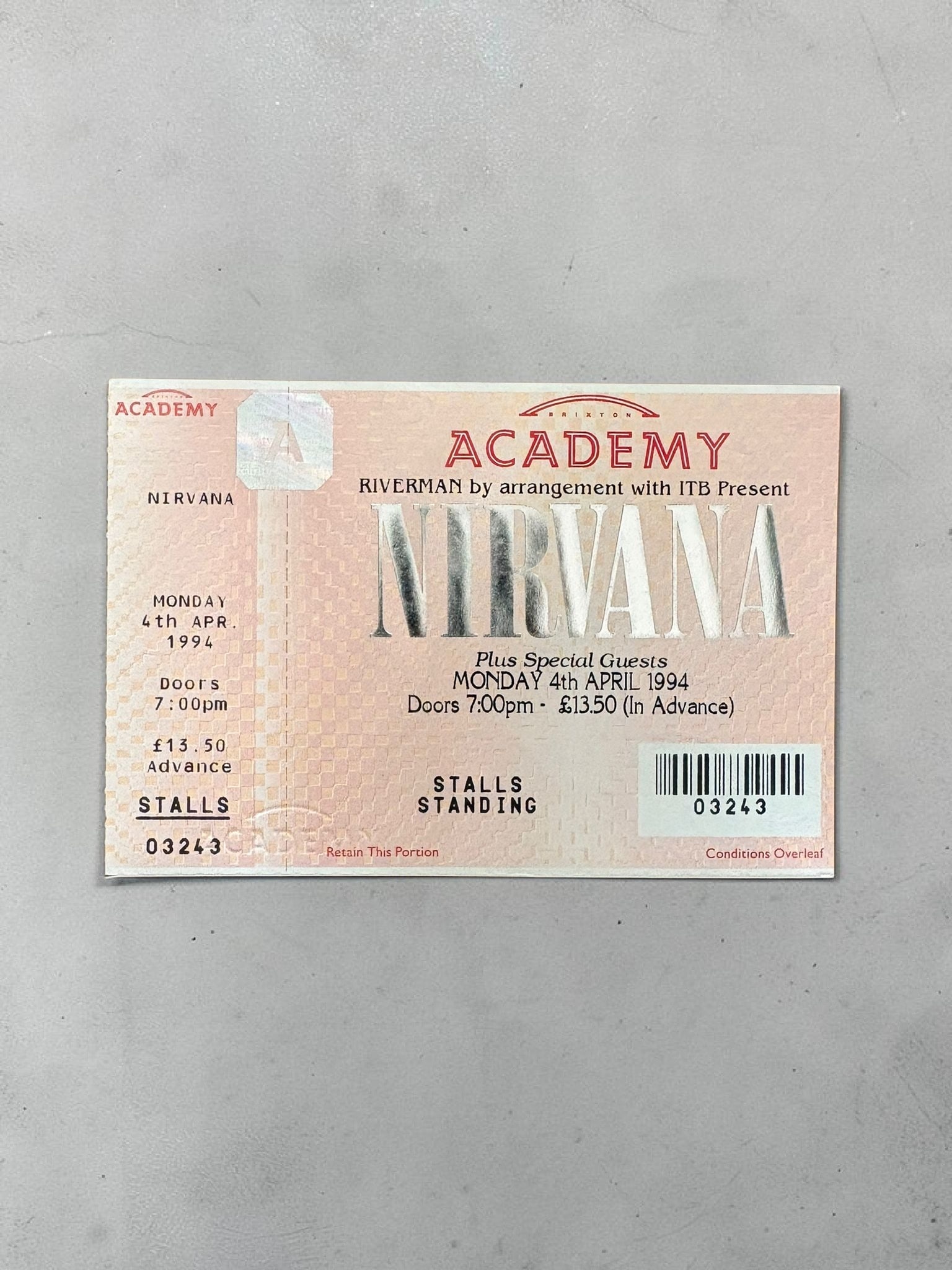 Nirvana Full Ticket 4th April 1994 Brixton Academy London: This lot is a full ticket in near mint condition for Nirvana's show on the 4th April 1994, the day before the death of Kurt Cobain. Item comes with certificate of authenticity.