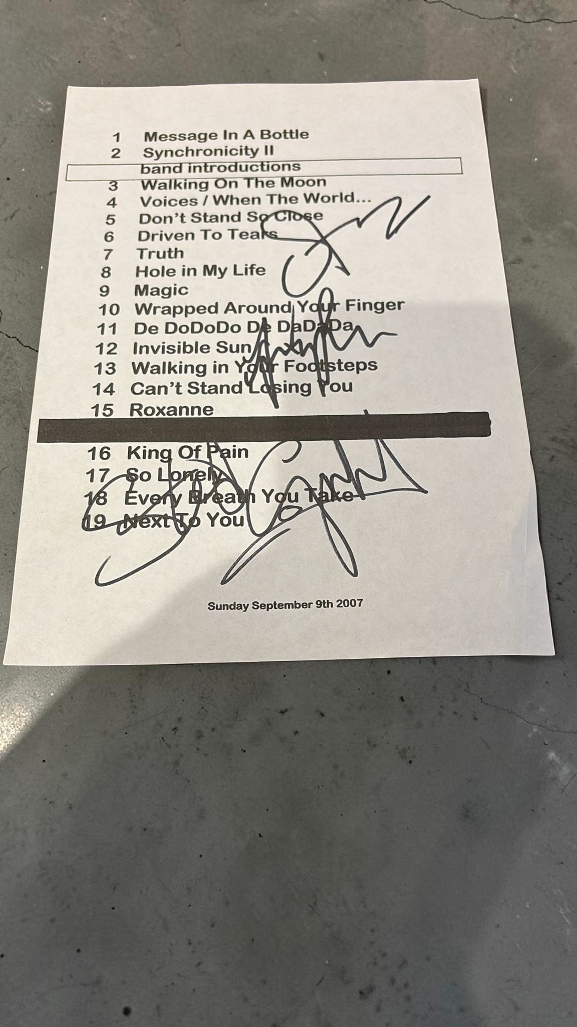 The Police Signed Set List: This lot is a set list, (2007), autographed by Sting, Andy Summers and Stewart Copeland of the The Police. Item comes with third party authentication including interactive QR code, item details and