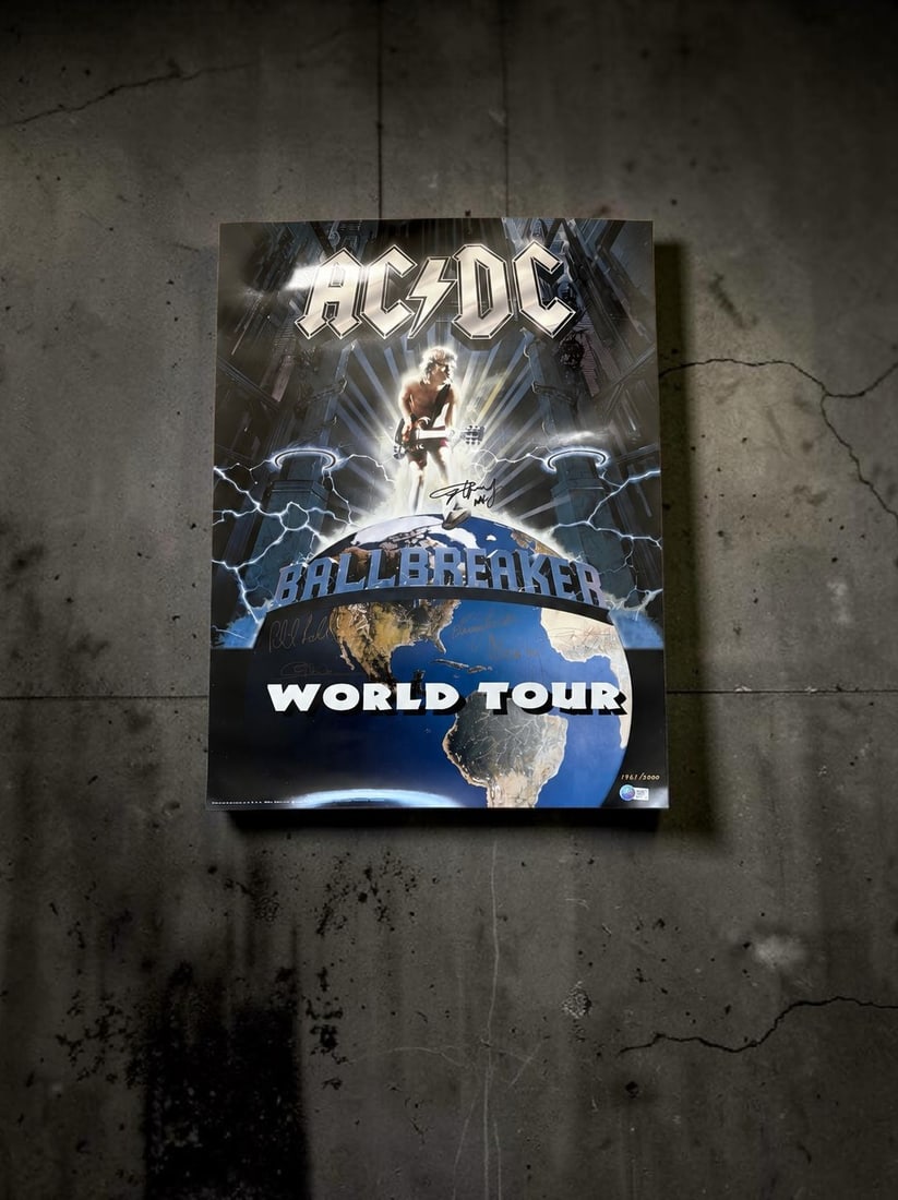Angus Young AC/DC Signed Official Limited Edition World Tour Poster: This lot is an Official Limited Edition Tour Poster (Ballbreaker), autographed by Angus Young of AC/DC. Limited number 1961 of 2000. Item comes with third party authentication including interactive QR