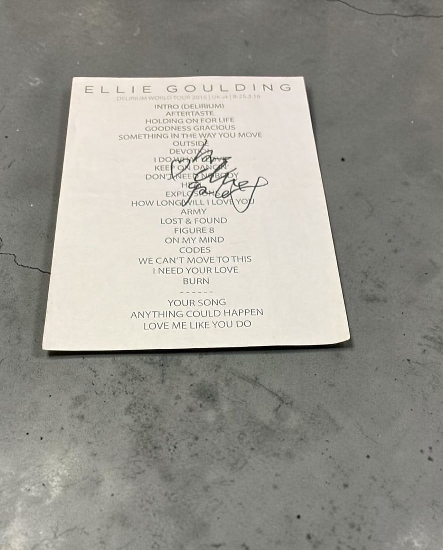 Ellie Goulding Signed Set List: This lot is a set list (2016), autographed by Ellie Goulding. Item comes with third party authentication including interactive QR code, item details and scoring.