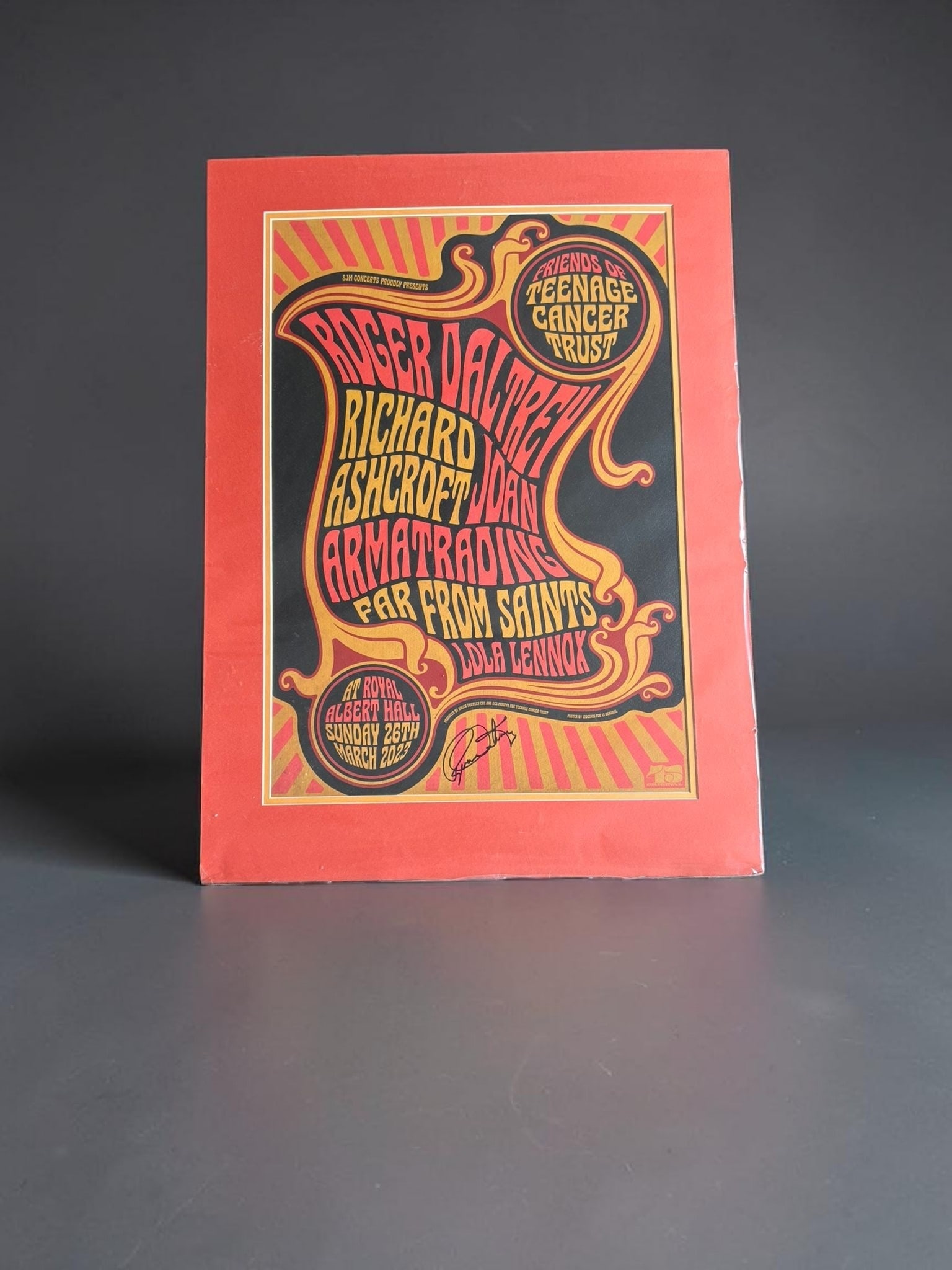 Roger Daltrey The Who Signed 2002 Royal Albert Hall Teenage Concert Trust Concert Limited Edition: This lot is a limited edition mounted lithograph, autographed by Roger Daltrey of The Who. The item was to commemorate shows at the Royal Albert Hall supporting the Teenage Cancer Trust in 2022. Item 