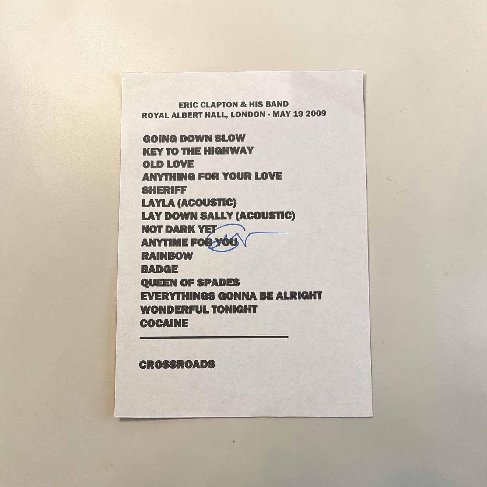Eric Clapton Signed Set List: This lot is a set list, (Royal Albert Hall 2009), autographed by Eric Clapton. Item comes with third party authentication including interactive QR code, item details and scoring.
