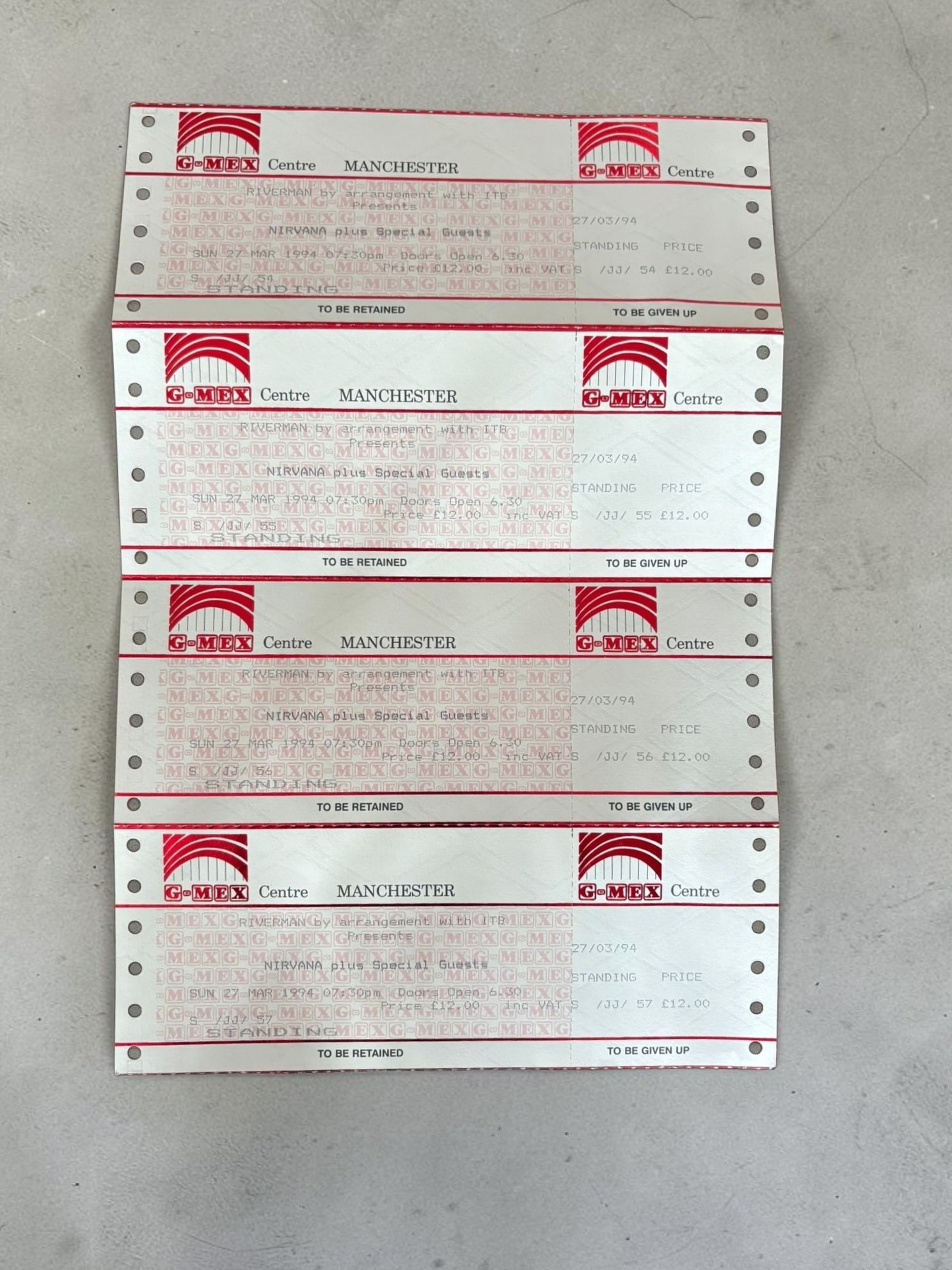 Four Nirvana Manchester 1994 Tickets All Attached (1 of 1)