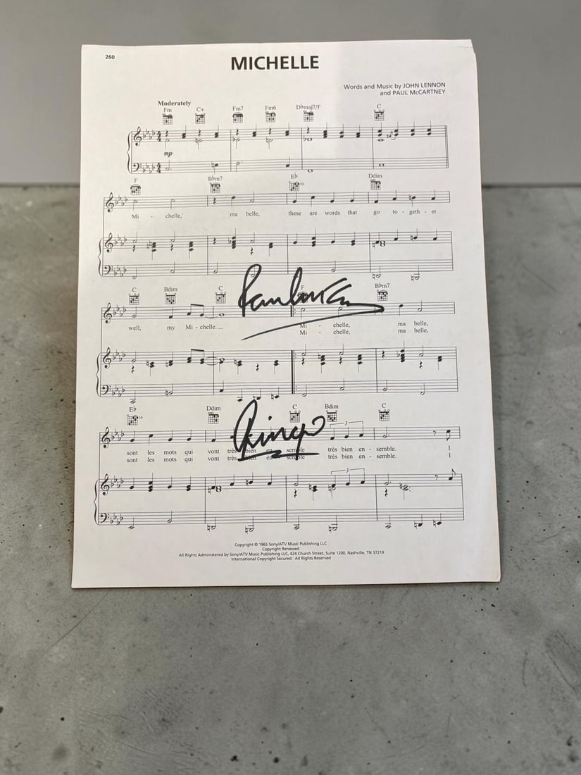 The Beatles Signed Sheet Music: This lot is a page of sheet music (Michelle), autographed by Paul McCartney and Ringo Starr of the Beatles. If you wish to upgrade to a third party authentication with holographic QR code and item sco