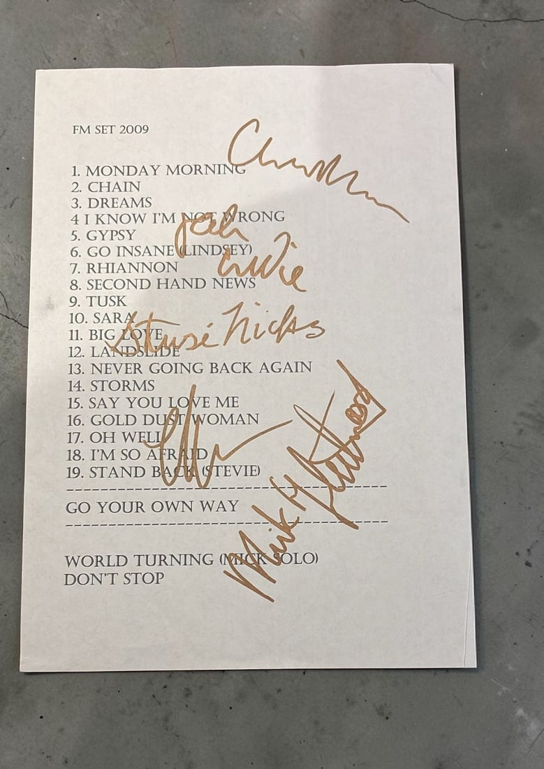 Fleetwood Mac Signed Set List: This lot is a set list, (2009), autographed by Mick Fleetwood, John McVie, Christine Mcvie, Lindsey Buckingham and Stevie Nicks of Fleetwood Mac. If you wish to upgrade to a third party authentication