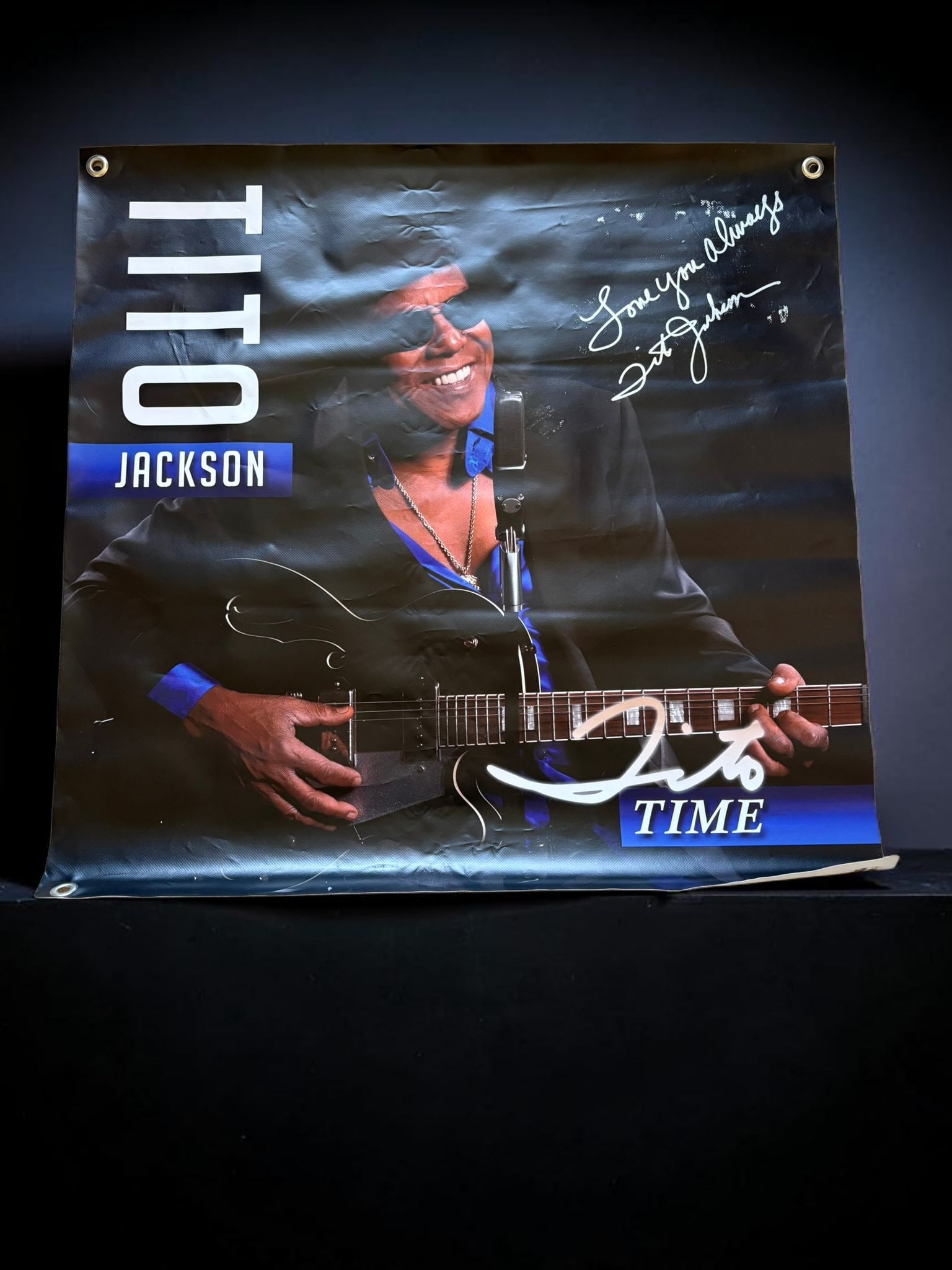Tito Jackson Signed Origninal Vinyl Promotional Banner: This lot is an original vinyl promotional banner (Tito Time), used for promotional live events, autographed (Love You Always) by Tito Jackson. If you wish to upgrade to a third party authentication wi