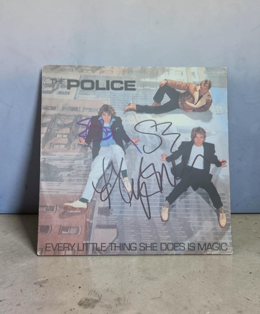 The Police Every Little Thing She Does Is Magic Signed 7" Vinyl: This lot is a 7" vinyl (Every Little Thing She Does Is Magic), autographed on the front of the vinyl cover by Sting, Stewart Copeland and Andy Summers of The Police. If you wish to upgrade to a third 