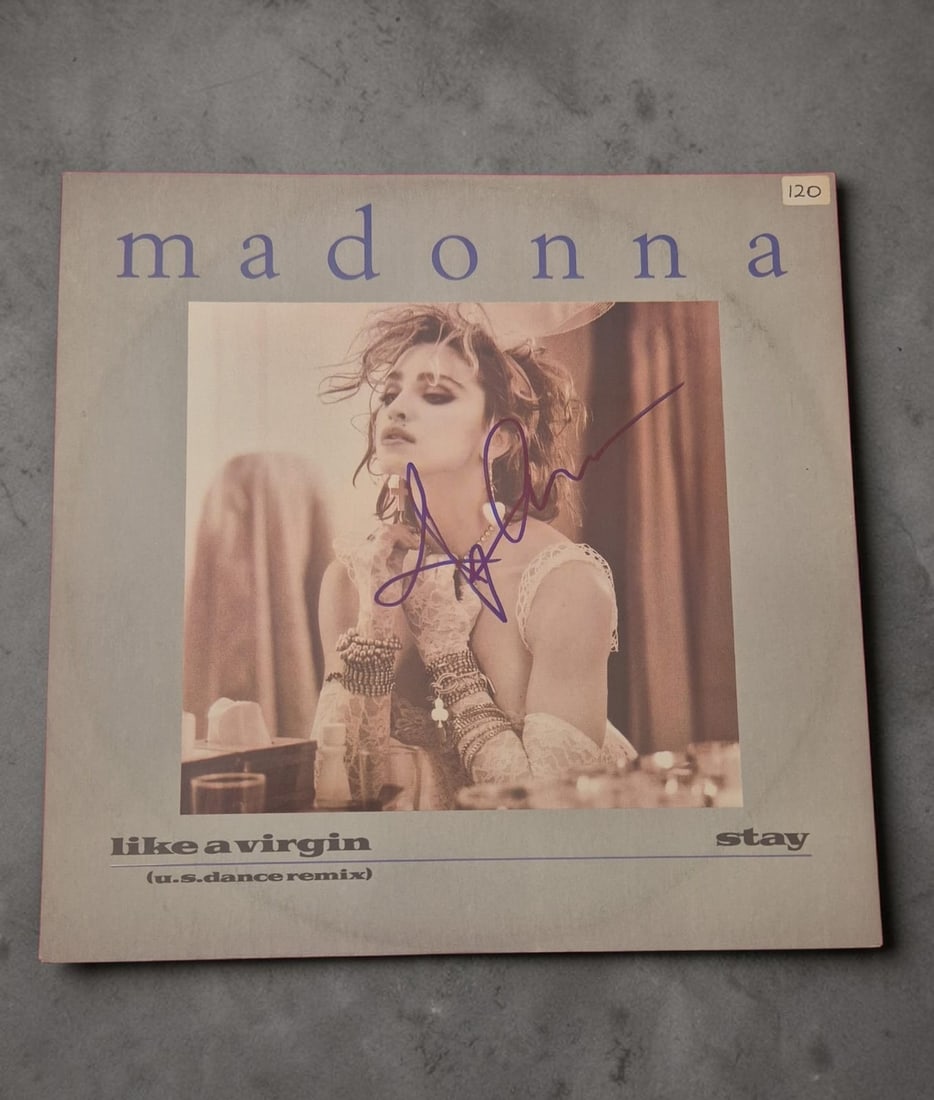 Madonna Like A Virgin Signed 12" Vinyl: This lot is a 12" vinyl (Like A Virgin), autographed by Madonna. If you wish to upgrade to a third party authentication with holographic QR code and item scoring, an additional charge of 30 UK Pound w
