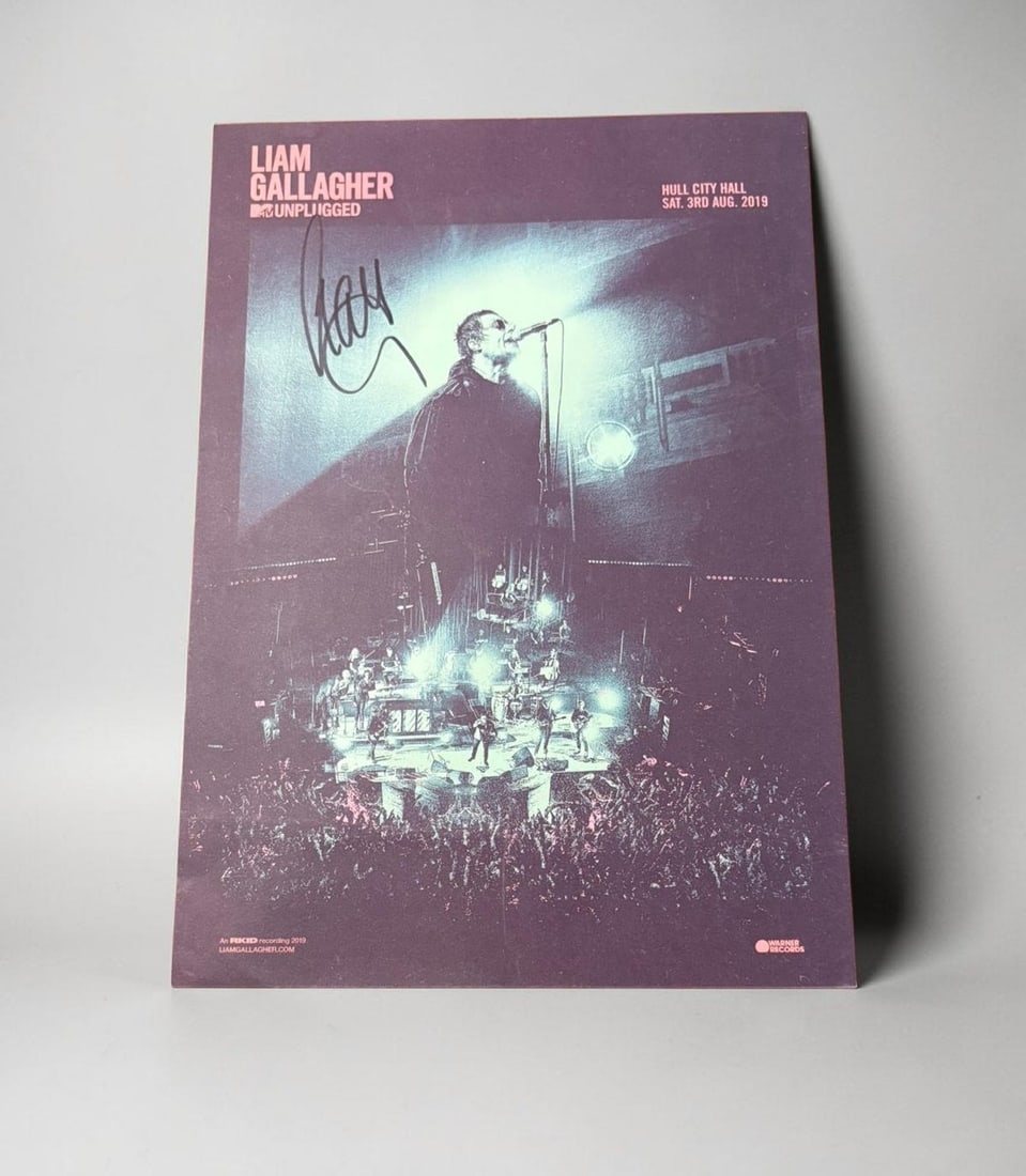 Liam Gallagher Oasis Signed Official Unplugged Lithograph: This lot is an official unplugged lithograph, autographed by Liam Gallagher of Oasis. If you wish to upgrade to a third party authentication with holographic QR code and item scoring, an additional ch