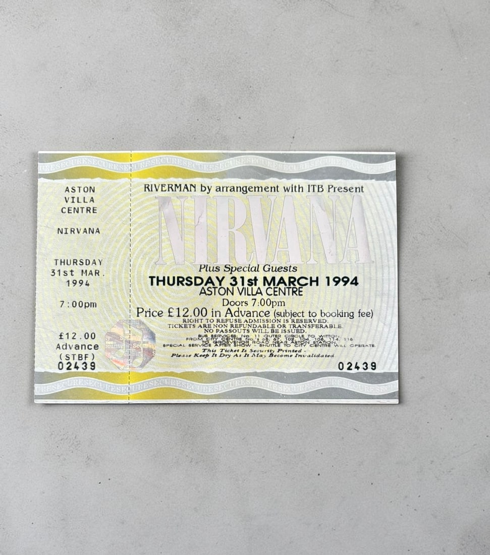Nirvana Full Ticket Birmingham Aston Villa 1994: This lot is an unused ticket in near mint condition, from 13th March 1994. Less than a week before the death of Kurt Cobain. Item comes with certificate of authenticity.
