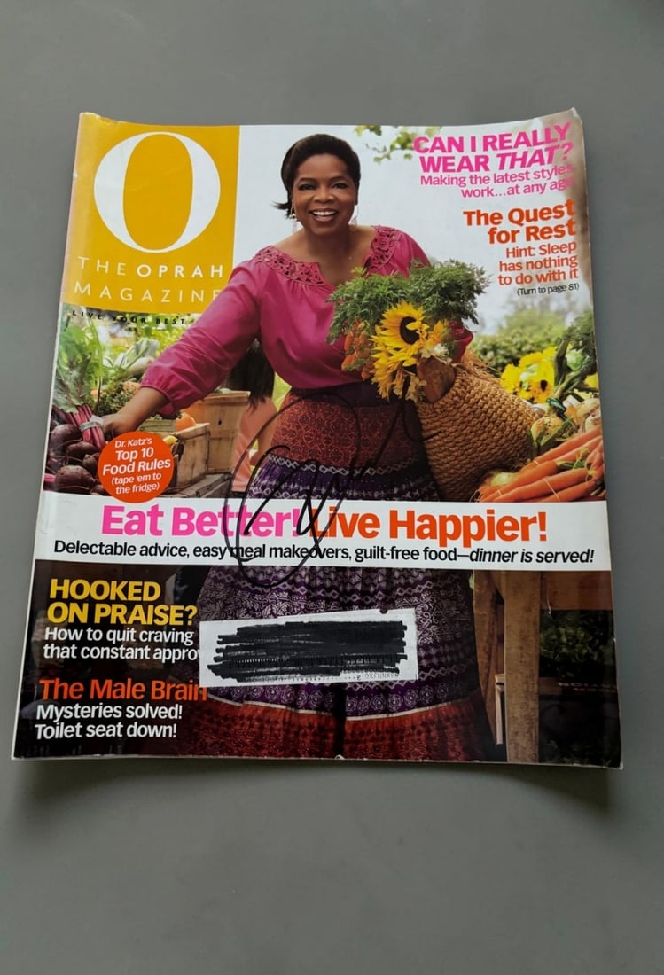 Oprah Winfrey Signed Magazine: This lot is a magazine (The Oprah Magazine), autographed on the front cover by Oprah Winfrey. If you wish to upgrade to a third party authentication with holographic QR code and item scoring, an