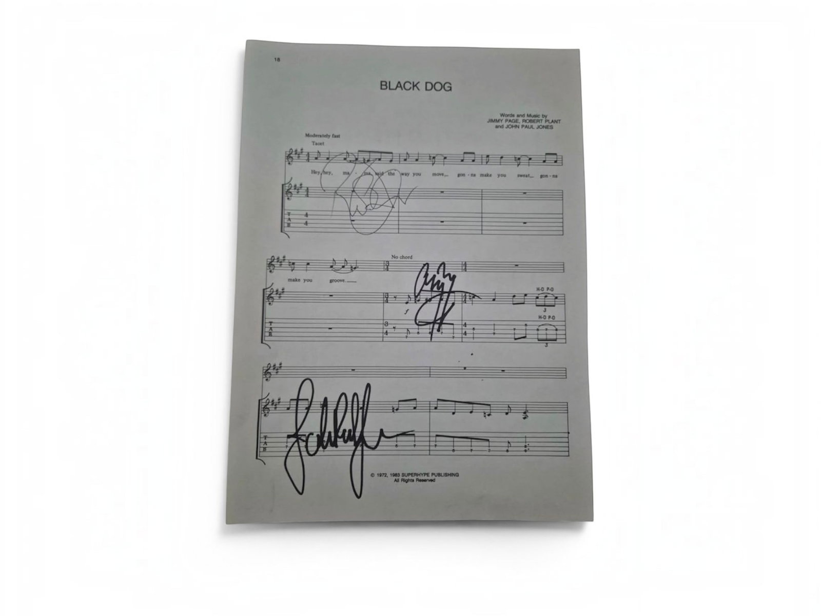 Led Zeppelin Signed Sheet Music: This lot is a piece of sheet music for (Black Dog), autographed by Robert Plant, Jimmy Page and John Paul Jones of Led Zeppelin. If you wish to upgrade to a third party authentication with holographic