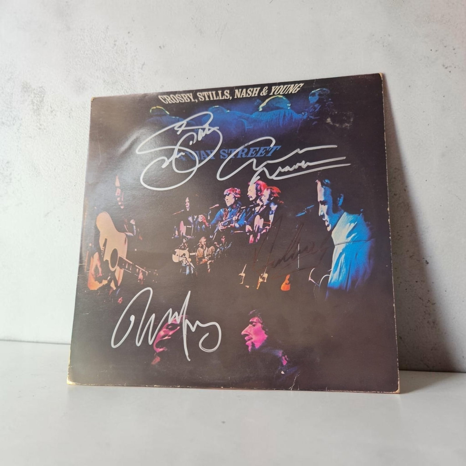 CSNY 4 Way Street Signed Vinyl LP: This lot is a vinyl LP (4 Way Street), autographed by David Crosby, Stephen Stills, Graham Nash and Neil Young of CSNY. If you wish to upgrade to a third party authentication with holographic QR code 