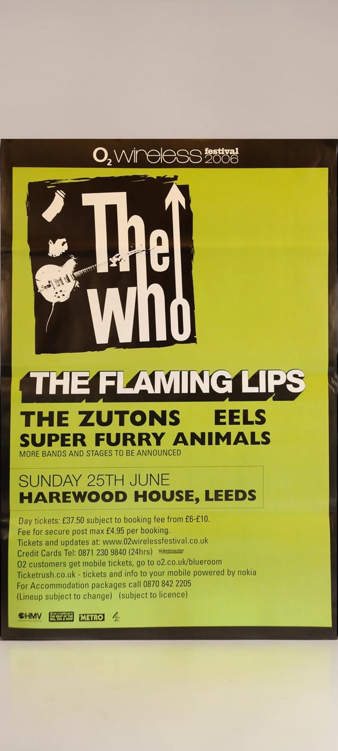 The Who Original Promotional Poster: This lot is a 60x40" original (The Who) promotional poster in ashdel format for the O2 Wireless Festival 2006. The O2 Festival featured, The Flaming Lips, The Zutons and the English rock legends, The 