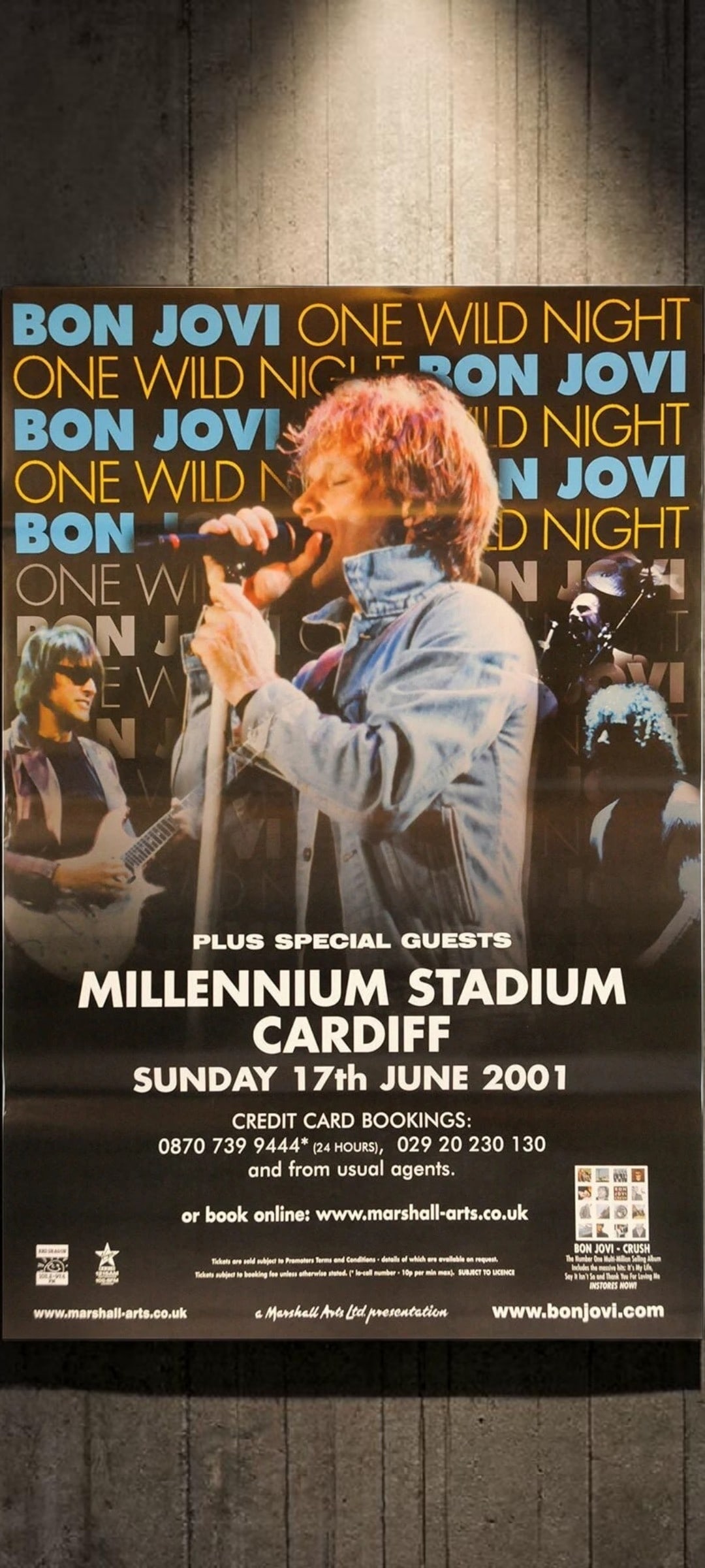 Bon Jovi Original Promotional Poster: This lot is a 60x40" original (Bon Jovi) promotional poster in ashdel format, for the 2001 Millenium Stadium Concert in Cardiff (One Wild Night). Item comes with COA guaranteeing the item as original 