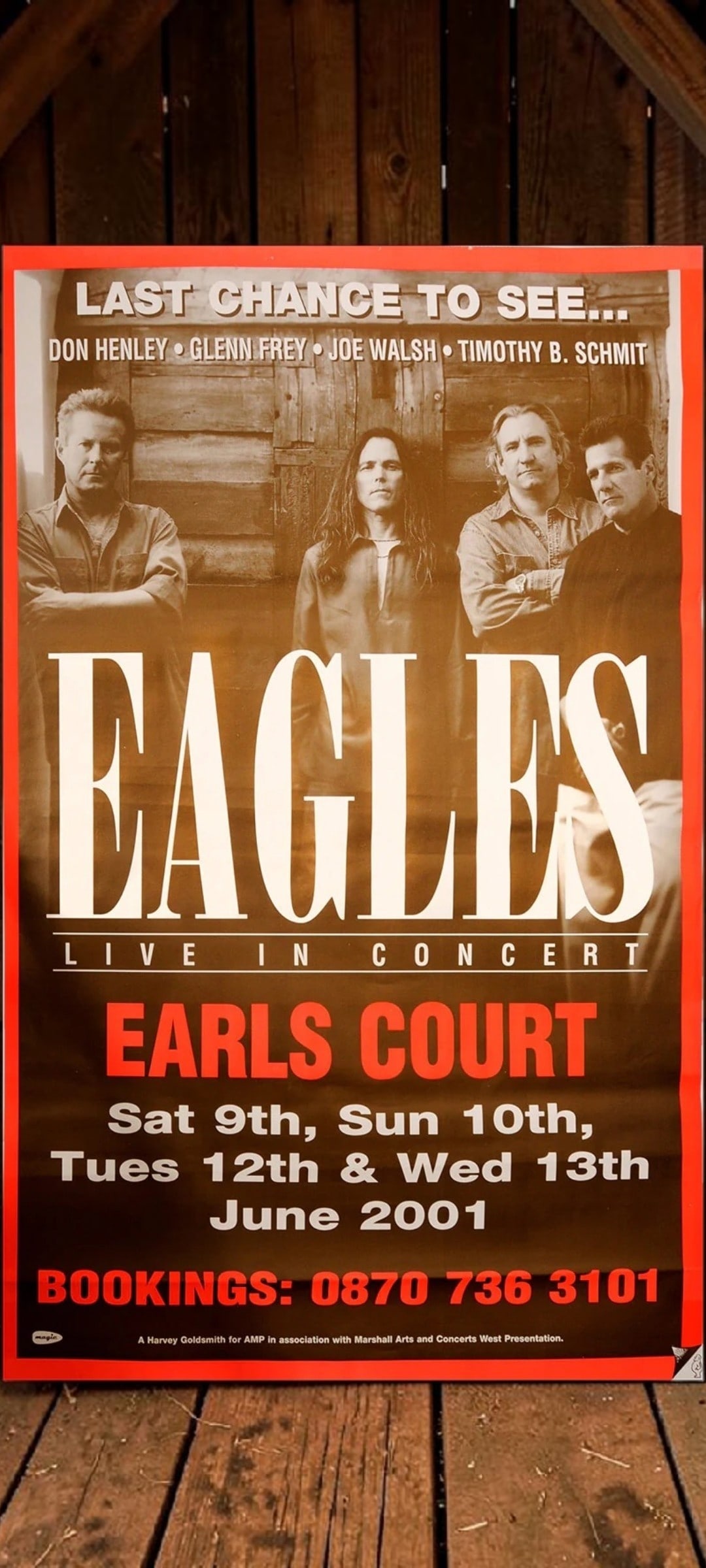 Eagles Original Promotional Poster: This lot is a 60x40" original (Eagles) litho-printed promotional poster in ashdel format for the 2001 Earl Court Concert. Item comes with COA guaranteeing the item as original for a lifetime.