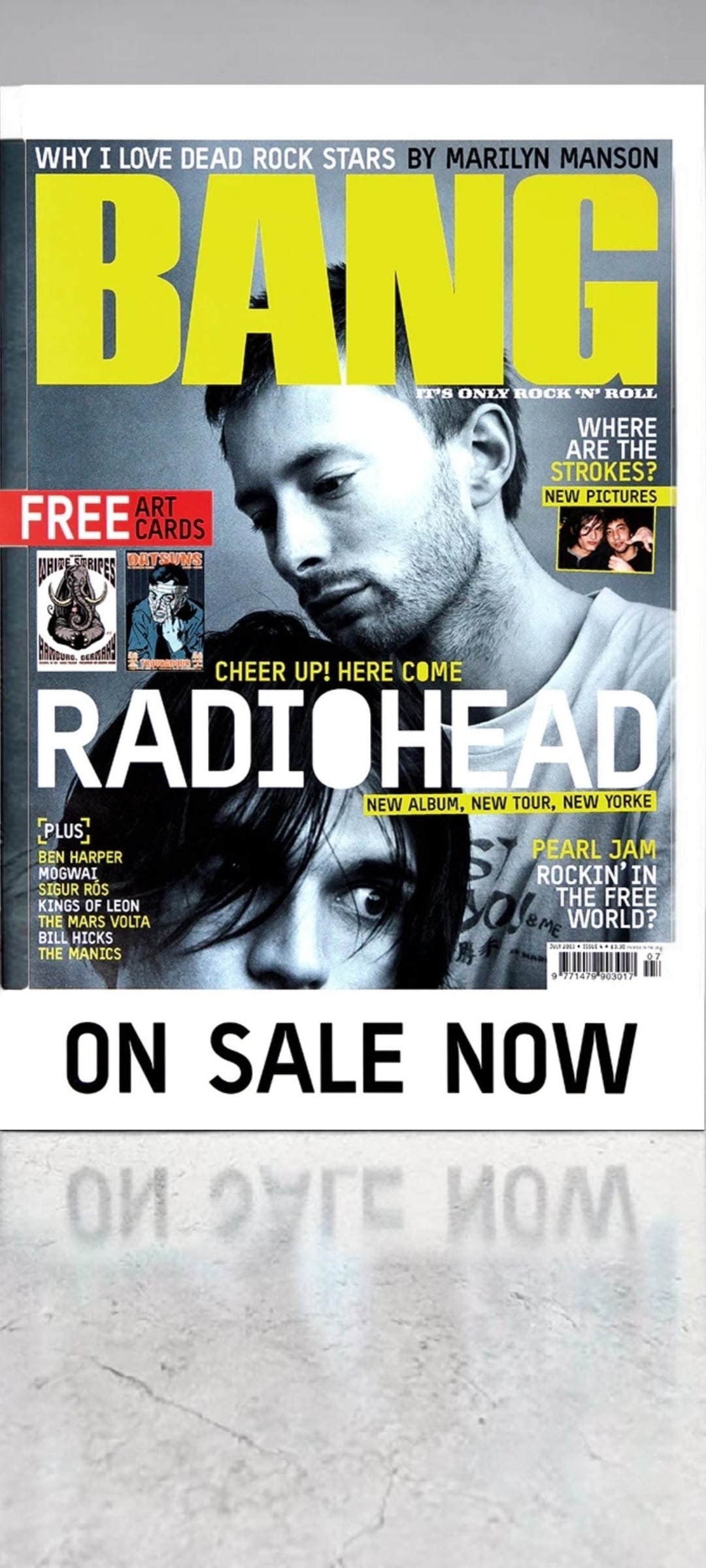 Radiohead Original Promotional Poster: This lot is a 30x20" original promotional poster, featuring Radiohead on the cover of Bang magazine promoting the release of (Bang Magazine). Item comes with COA guaranteeing the item as original for 