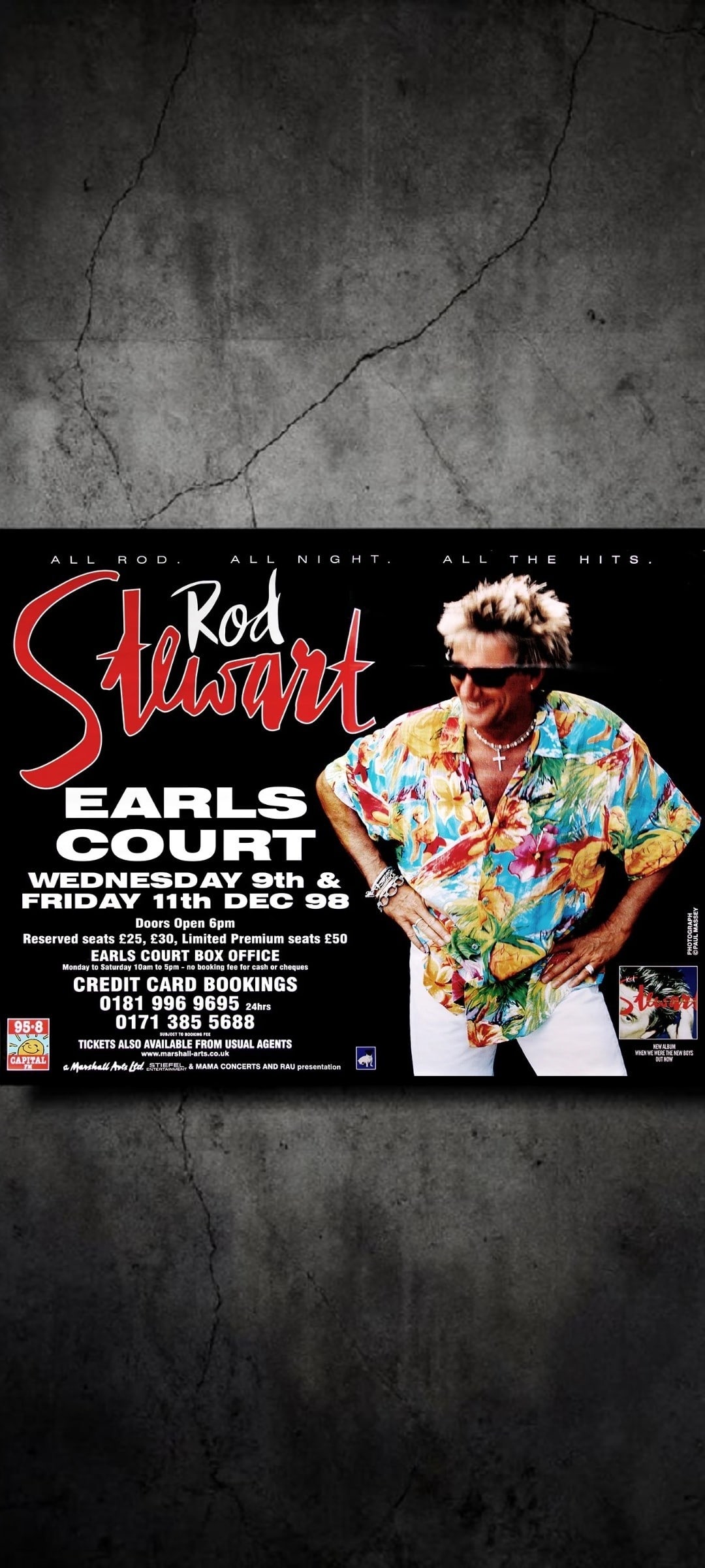 Rod Stewart Original Promotional Poster: This lot is a 60x80" original (Rod Stewart) promotional poster in ashdel format for the 1998 Earls Court Concert. This item comes as 2 rolled 60x40" posters. Item comes with COA guaranteeing the item 