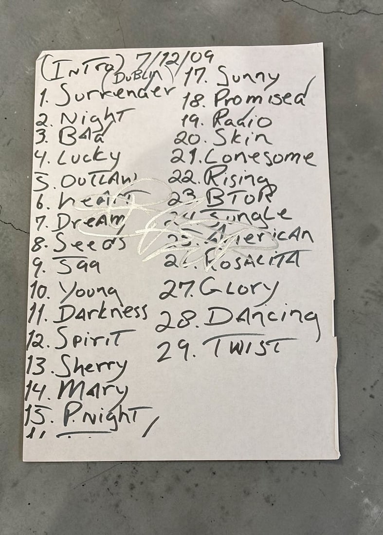 Bruce Springsteen Signed Set List: This lot is a set list, (Dublin 2009), autographed by Bruce Springsteen. If you wish to upgrade to a third party authentication with holographic QR code and item scoring, an additional charge of 30 UK