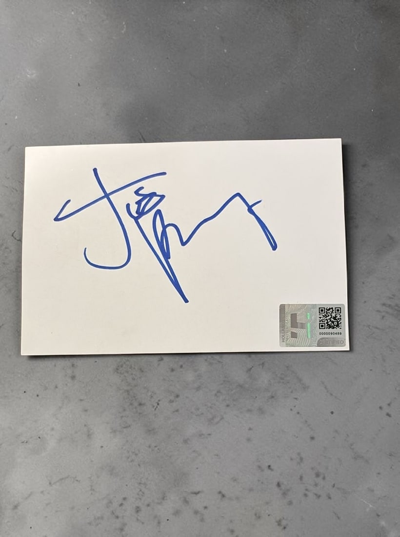 Joe Perry Aerosmith Signed Card: This lot is a card, autographed by Joe Perry of Aerosmith. If you wish to upgrade to a third party authentication with holographic QR code and item scoring, an additional charge of 30 UK Pound would b