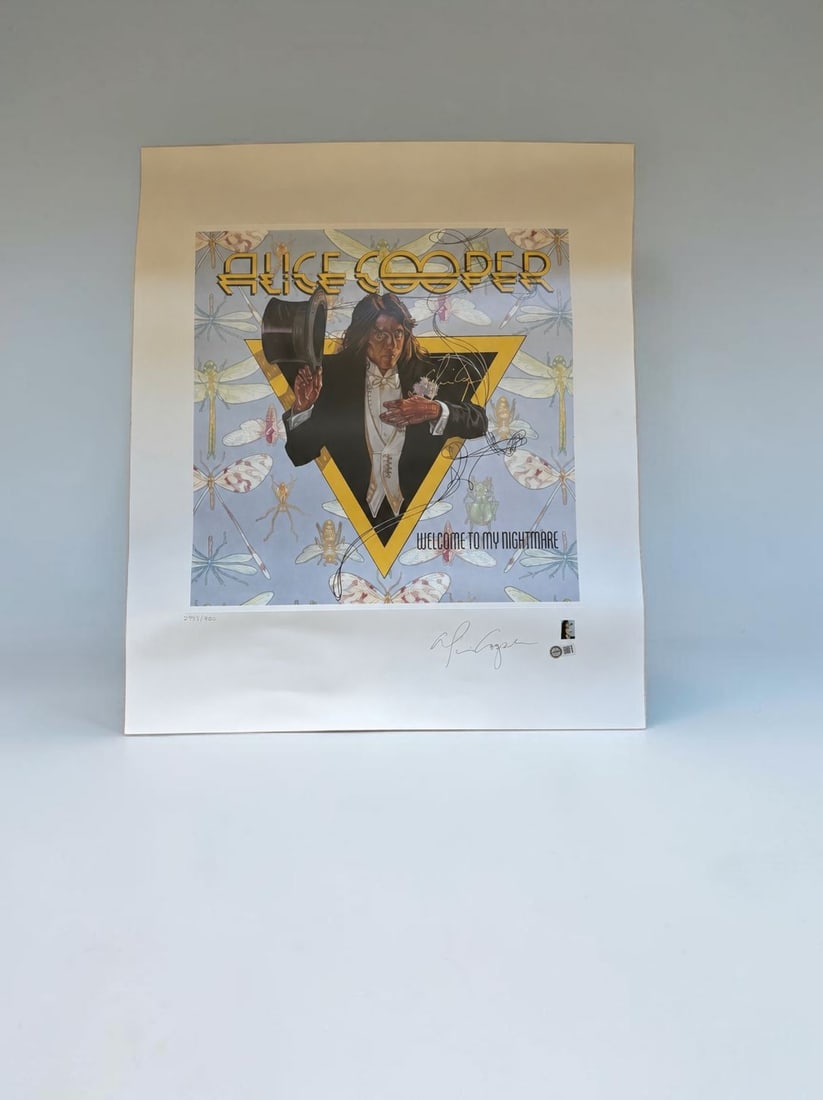 Alice Cooper Signed Lithograph: This lot is a lithograph (Welcome To My Nightmare, Number 2885 of 9800), autographed by Alice Cooper. Official Release with AFTAL Authentication. If you wish to upgrade to a third party authentication