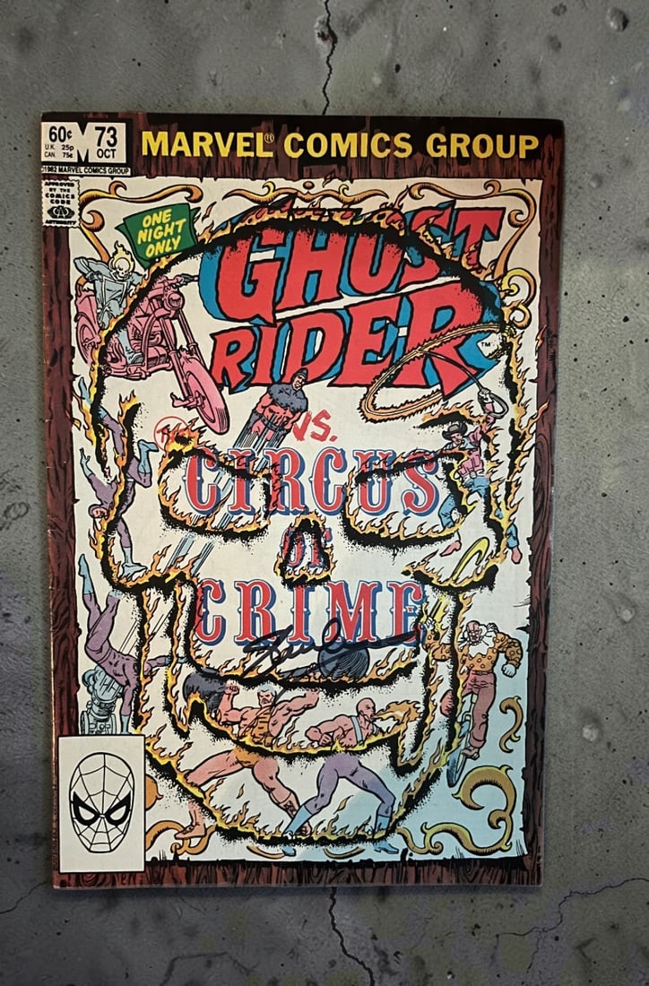 Stan Lee Signed Marvel Magazine: This lot is a Marvel magazine ( Ghost Rider vs Circus Of crime Oct 73), autographed on the front of the comic by Stan Lee. If you wish to upgrade to a third party authentication with holographic QR co