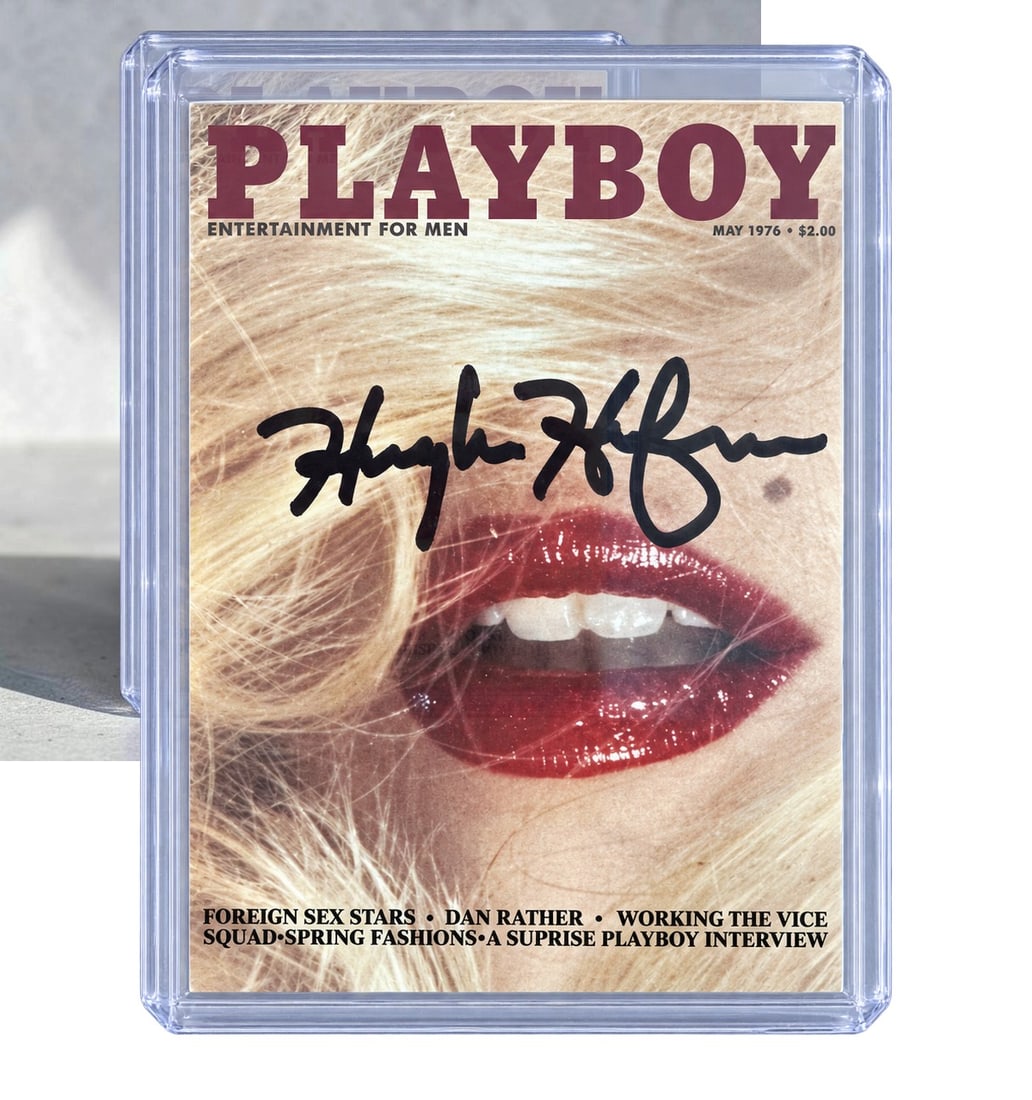 Hugh Hefner Signed Playboy Collectors Card: This lot is a Playboy collectors card, autographed by Hugh Hefner. If you wish to upgrade to a third party authentication with holographic QR code and item scoring, an additional charge of 30 Uk Pound