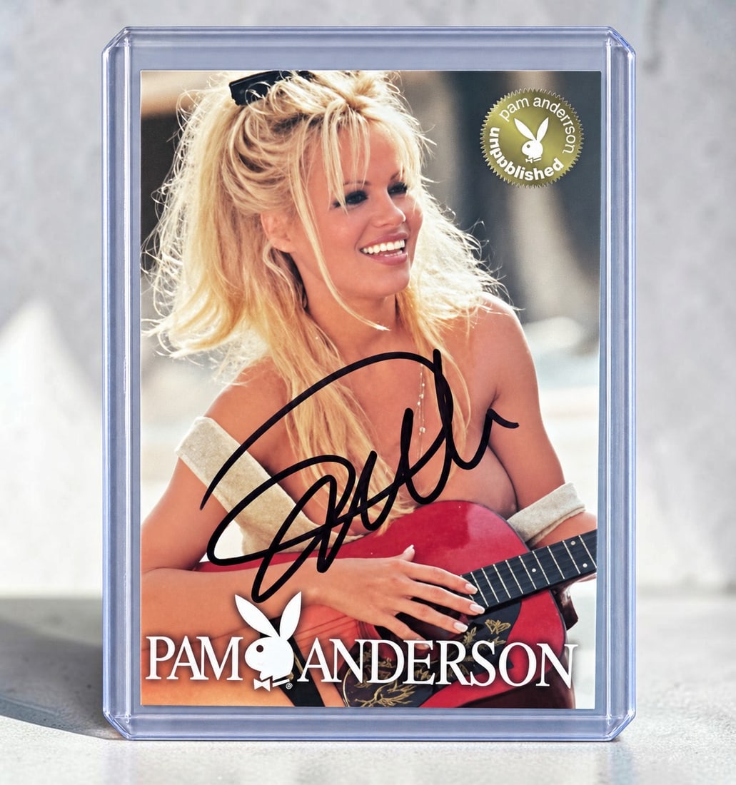 Pamela Anderson Signed Playboy Collectors Card: This lot is a Playboy collectors card, autographed by Pamela Anderson. If you wish to upgrade to a third party authentication with holographic QR code and item scoring, an additional charge of 30 Uk P