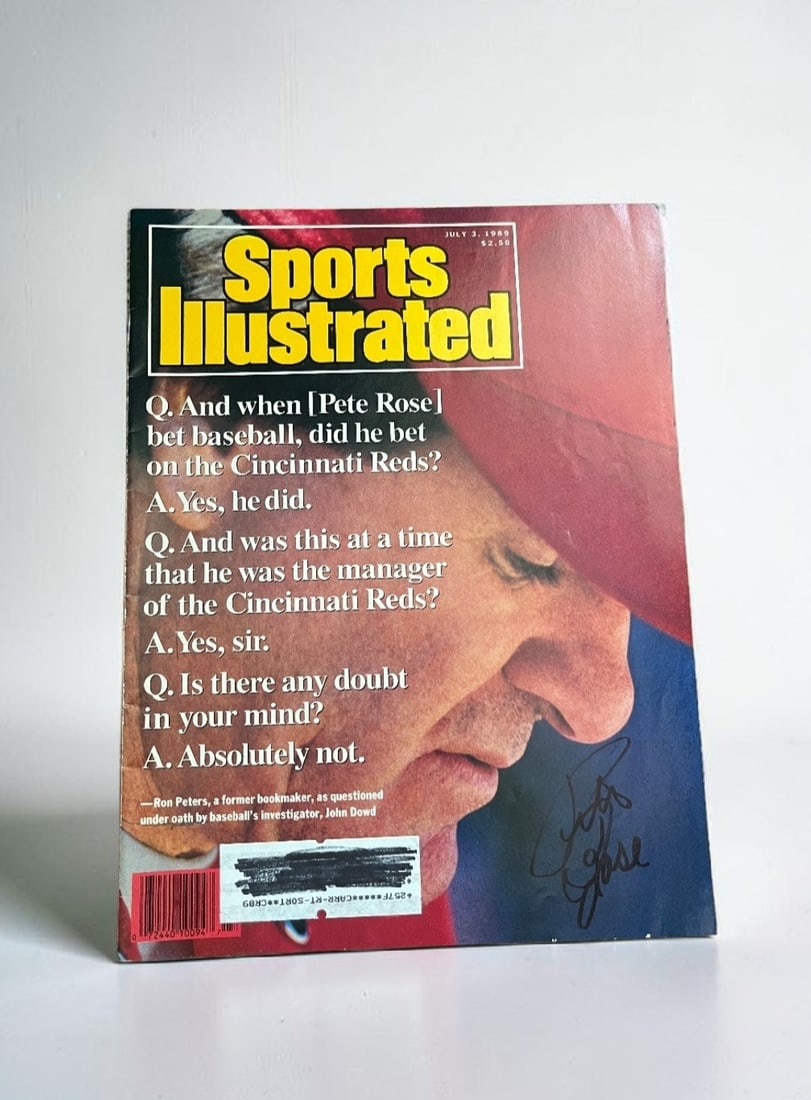 Pete Rose Signed Sports Illustrated Magazine: This lot is a magazine, Sports Illustrated (July 3rd 1989), autographed on the front of the magazine by Pete Rose. If you wish to upgrade to a third party authentication with holographic QR code and i