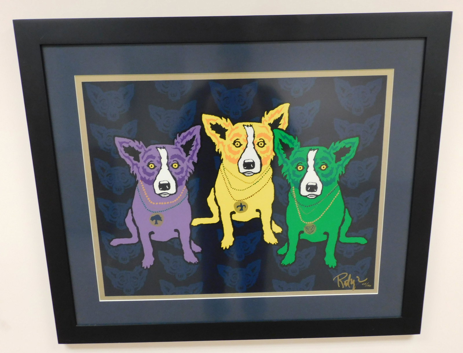 George Rodrigue Mardis Gras Dogs 1993 blue dog artist: Blue dog artist George Rodrigue Mardis Gras Dogs 1993. Signed and numbered 45 of 190. Framed height is 30 inches by 35 inches wide and .5 inches deep.