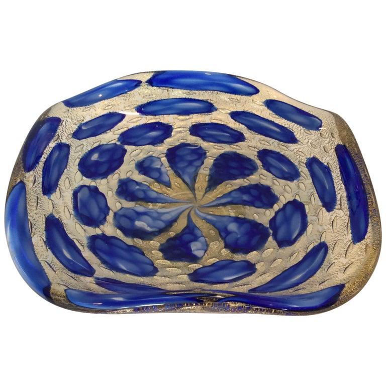 Barovier Murano Vibrant Footed Bowl Blue Gold: Barovier Murano Vibrant Footed Bowl Blue Gold. Height is 3 inches tall by 9.5 inches wide and deep.