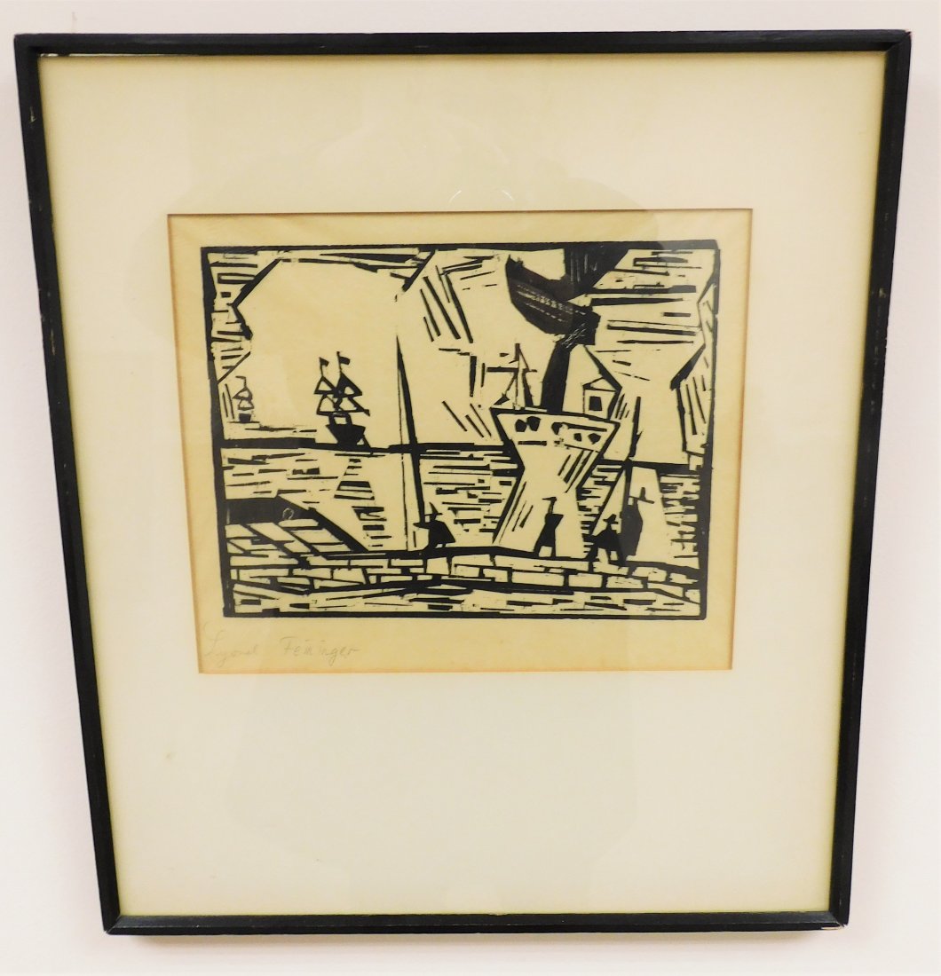 Lyonel Feininger Hand Signed Wood cut New York Artist: Framed Lyonel Feininger (1871-1956) hand signed woodcut. Signed by the artist. Framed height is 15 3/4 inches by 13 3/4 inches wide. Image size is 6 1/2 by 8 1/4.