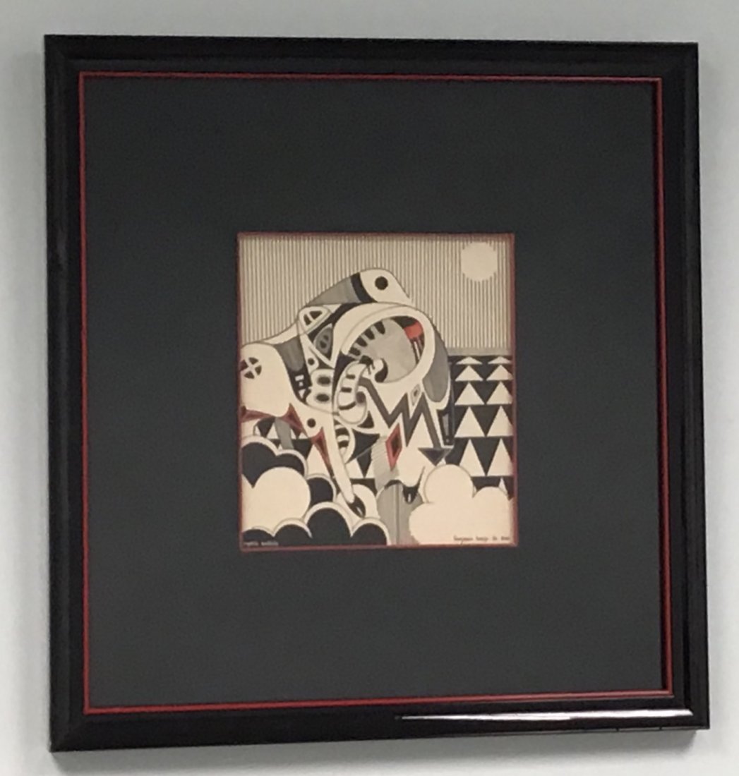 Benjamin Harjo Jr. Ink and Watercolor: Mystic buffalo Ink and watercolor by Benjamin Harjo Jr. Copywrite 1985. Framed size is 21.75 by 20.75 x 1 inch. Retains Original Sterling Gallery label. Inner size within matting is 9.75 inches tall, 