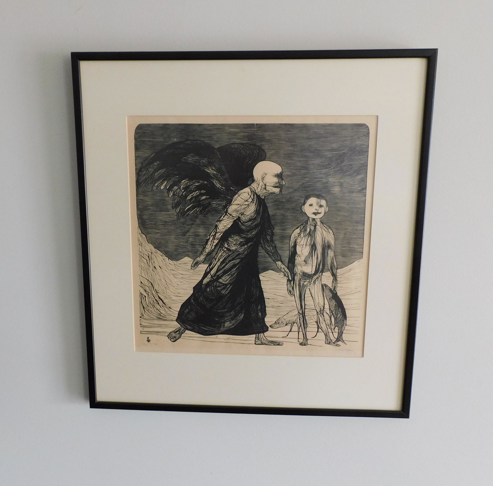 Leonard Baskin (1922-2000) Pencil signed Etching: Leonard Baskin (1922-2000) Pencil signed Etching Tobias and the Angel. Framed size is 24.5 by 22.5 by 1 inch.