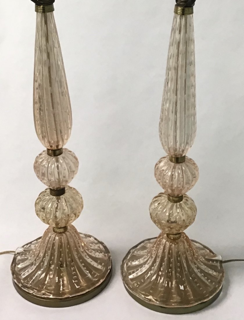 Barovier and Toso Murano Pair of Lamps: Great pair of murano glass lamps with controlled bubbles by Barovier and Toso. 26 inches tall up to the socket by 7.5 inches base width. Glass alone height is 20 inches. Excellent original condition w