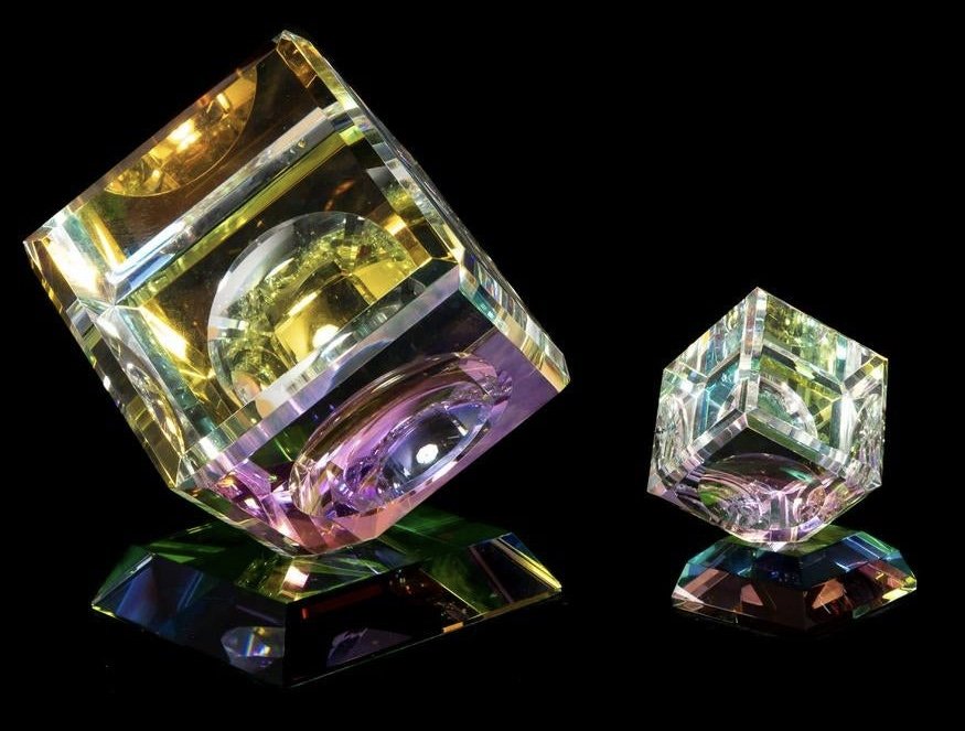 Jack Storms style Dichroic PAIR Studio Glass Sculptures: Great Pair of unsigned Dichroic Glass PAIR Studio Glass Sculptures. Most likely by Jack Storms or Harold Lustig. Larger 3.75 inch sides
