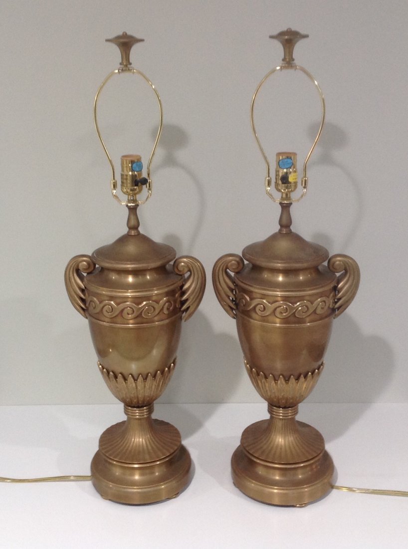 Chapman Large Pair Brass or Bronze Lamps with original: Chapman Large Pair Brass or Bronze Lamps with original harps and finials. Large and heavy well executed lamps. 29.5 inches tall to the top of the finial. Lamps are 9 inches wide by 6.5 inches deep.