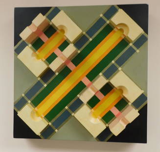 Acrylic on Wood JS Bach Geometric Sculpture 16x16: Acrylic on Wood JS Bach Geometric Sculpture 16x16 Number 3 Signed Johe 1985