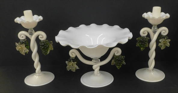 Alfredo Barbini 3 piece Console set in white glass with: Alfredo Barbini 3 piece Console set in white glass with green grape applications