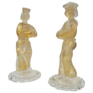 Barovier Pair of Gold Murano Asian Figures with bases: Barovier Pair of Gold Asian Figures with bases