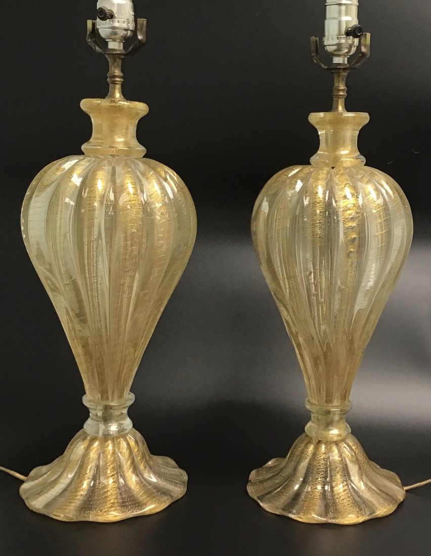 Barovier Murano PAIR Gold Cordonato: Barovier Murano PAIR Gold Cordonato D'Oro decorated glass lamps. Glass height alone is 15.5 inches.