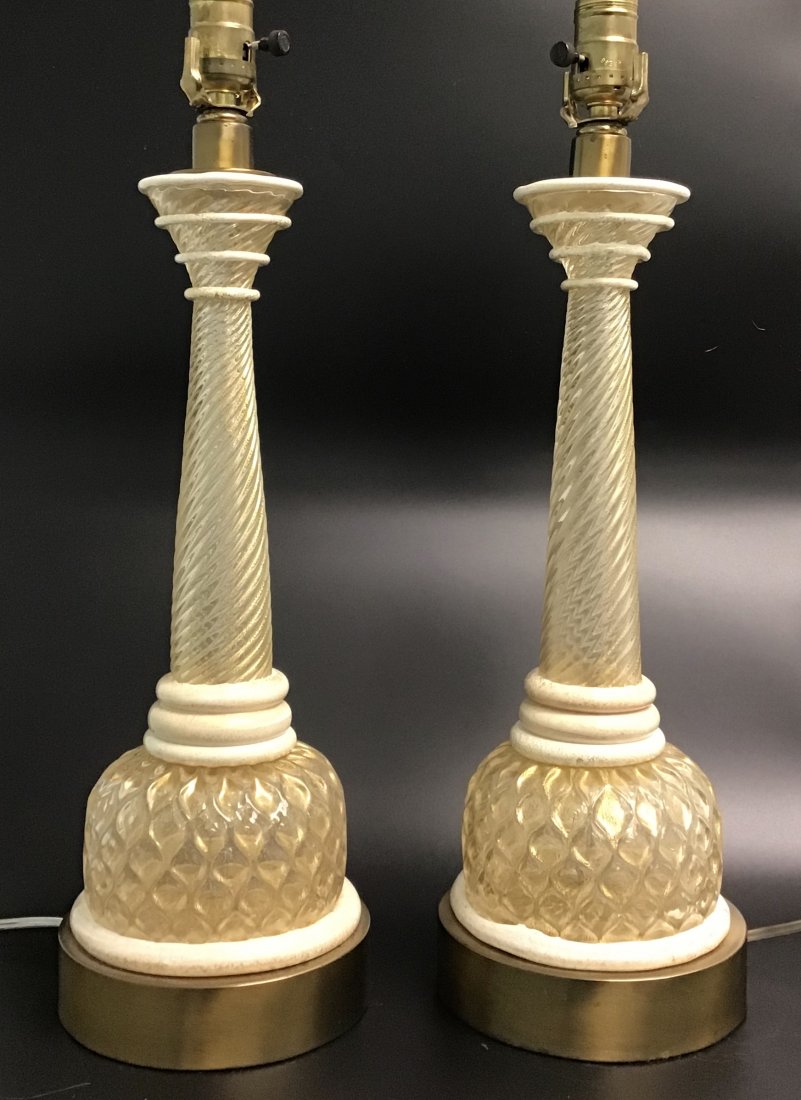 Barovier Murano PAIR White pasta glass lamps with gold: Barovier Murano PAIR White pasta glass lamps with gold dust highlights glass alone is 15 inches