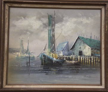 Oil on Canvas of ship scene signed Thomas: Oil on Canvas of ship scene signed Thomas